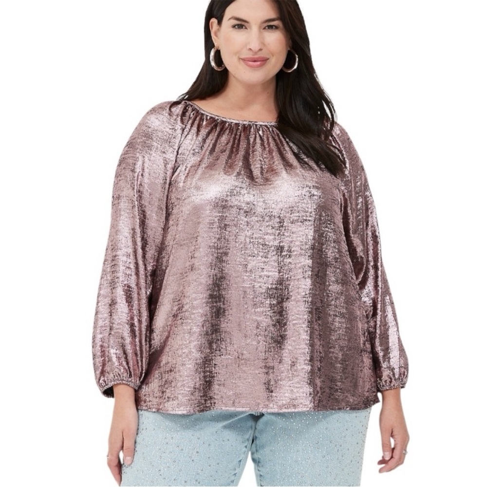 LANE BRYANT NWT Sz 14/16 Swing Satin Boatneck Blouse Festive Metallic Rose Pink